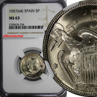 Spain Francisco Franco,Caudillo 1957(64) 5 Pesetas NGC MS63 TOP GRADED KM#786