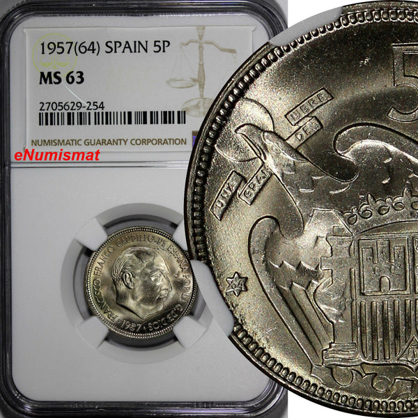 Spain Francisco Franco,Caudillo 1957(64) 5 Pesetas NGC MS63 TOP GRADED KM#786