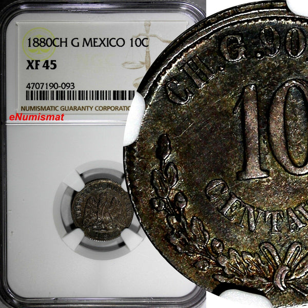 MEXICO Silver 1880 CH G 10 Centavos NGC XF45 Chihuahua RARE TOP GRADED KM# 403.1