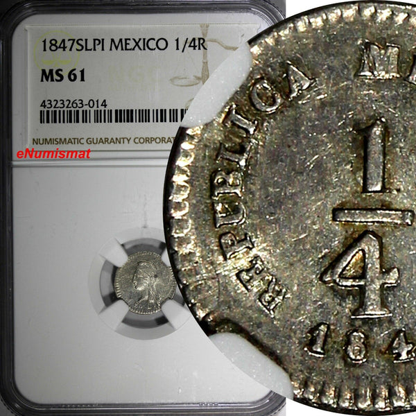 MEXICO Silver 1847 S.L.Pi 1/4 Real NGC MS61 San Luis Potosí TOP GRADED  KM#368.7