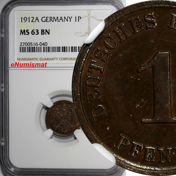 Germany-Empire Wilhelm II 1912-A 1 Pfennig NGC MS63 BN TOP GRADED KM# 10 (040)