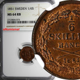 SWEDEN Oscar I Copper 1851 1/6 Skilling Banco NGC MS64 RB TOP GRADED KM# 656/073