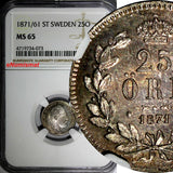 SWEDEN Carl XV Silver 1871/61 25 ORE OVERDATE NGC MS65 TOP GRADED BY NGC KM# 712