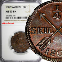 SWEDEN Gustav IV Adolf 1802 1/4 Skilling NGC MS63 BN 1 GRADED HIGHEST KM# 564