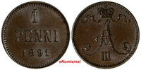 Finland Alexander III Copper 1891 1 Penni Ch XF KM# 10 (15 020)