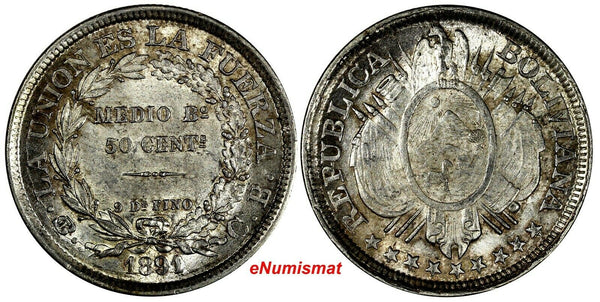 Bolivia Silver 1891 PTS CB 1/2 Boliviano 50 Centavos KM# 161.5