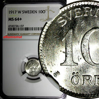 SWEDEN Gustaf V Silver 1917-W 10 Ore NGC MS64+ "PLUS" WWI Issue KM#780