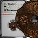 Finland Copper 1941 10 Pennia NGC MS64 RB HIGH GRADED   KM# 33.1