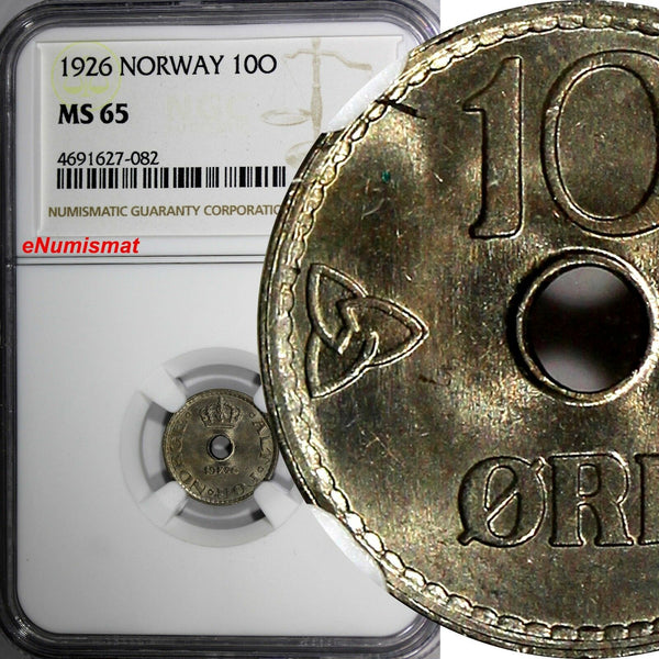 Norway Haakon VII Copper-Nickel 1926 10 Ore NGC MS65 TOP GRADED BY NGC  KM# 383
