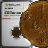 Norway Haakon VII Bronze 1937 1 Ore NGC MS64 BN TOP GRADED BY NGC KM# 367