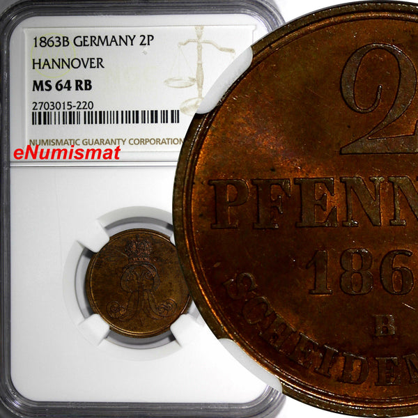 Germany HANNOVER Georg V 1863-B 2 Pfennig NGC MS64 RB TOP GRADED KM# 234 (220)