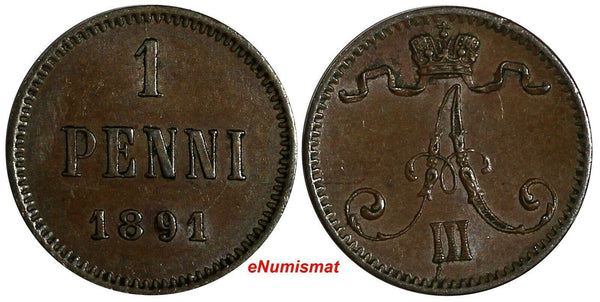 Finland Alexander III Copper 1891 1 Penni  ch XF KM# 10 (15 082)