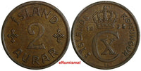 ICELAND Christian X Bronze 1938 N; GJ 2 Aurar struck in Denmark SCARCE KM# 6.1