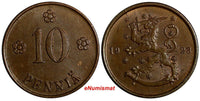 Finland Copper 1923 10 Pennia KEY DATE RARE Mintage-910,000 aUNC KM# 24