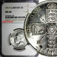 GREAT BRITAIN George V (1910-1936) Silver 1917 1 FLORIN NGC MS60 WWI KM# 817 (3)