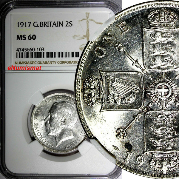 GREAT BRITAIN George V (1910-1936) Silver 1917 1 FLORIN NGC MS60 WWI KM# 817 (3)