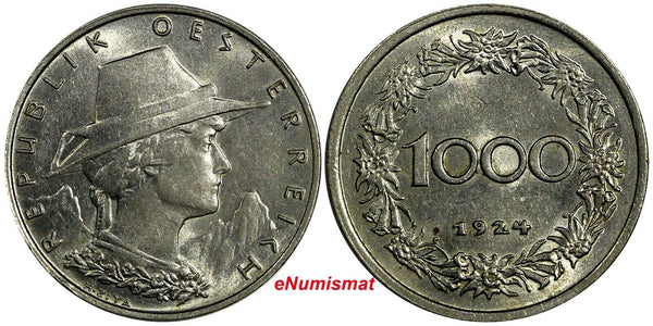 Austria Copper-Nickel 1924 1000 Kronen Choice UNC Condition KM# 2834 (17 985)