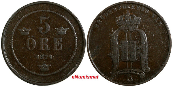 Sweden Oscar II Bronze 1874 5 Öre 1st Year for Type Mintage-866,000 KM# 736(993)