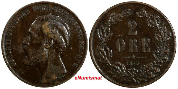 SWEDEN Oscar II Bronze 1873 2 Ore 1 YEAR TYPE KM# 729 (17 995)