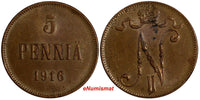 Finland Nicholas II Copper 1916 5 Pennia UNC Condition KM# 15 (18 632)