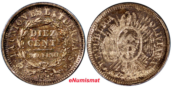 Bolivia Silver 1895 PTS ES10 Centavos Potosi  Low Mintage-20,000 XF KM# 158.3